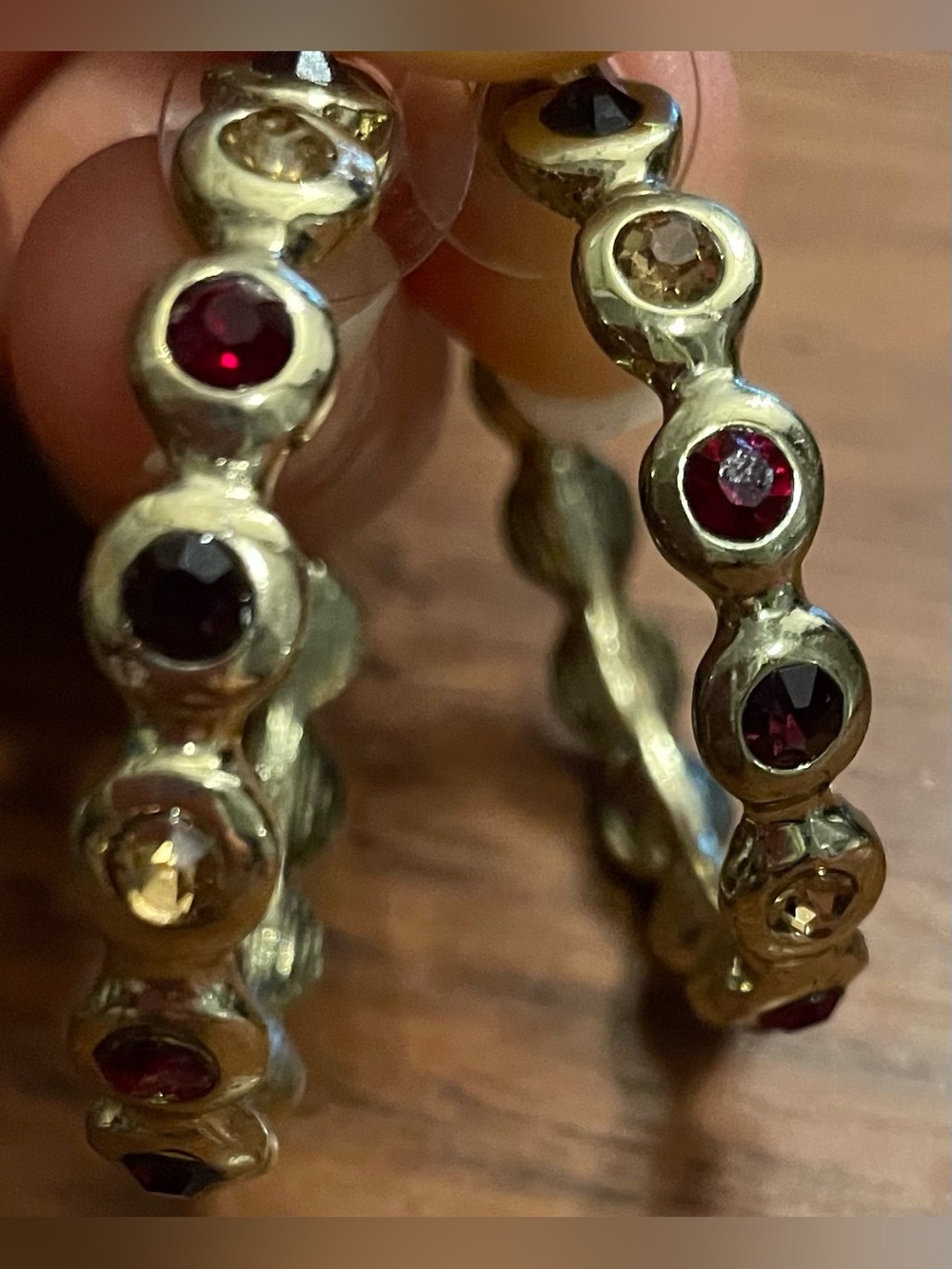 Vintage Gold-Tone Hoop Earrings with Red and Champagne Stones